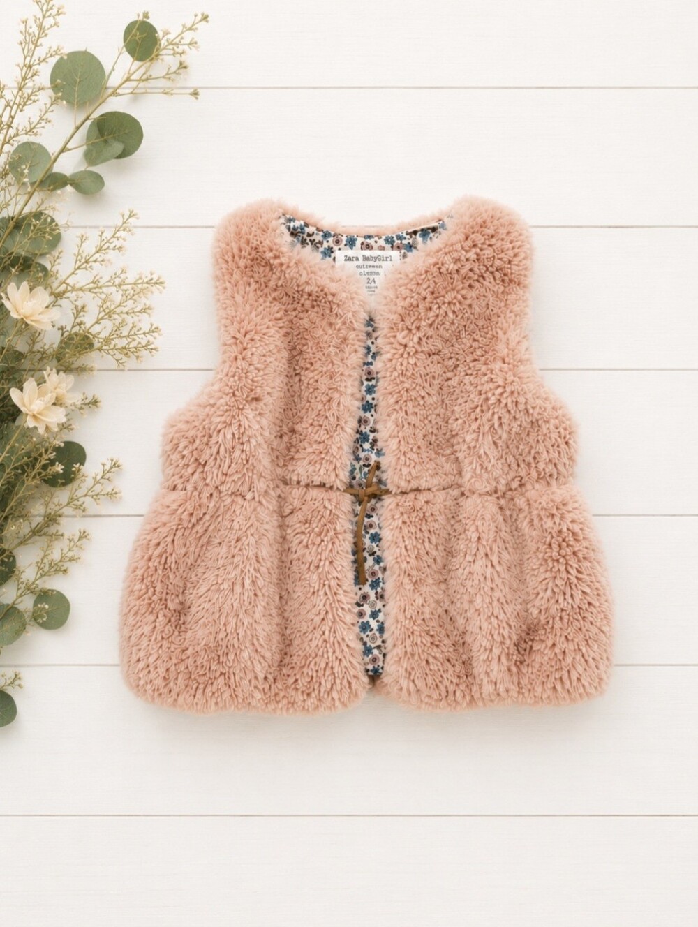 Zara Baby Girl Pink Faux Fur Sherpa Vest Floral Lined 12-18 Months Boho